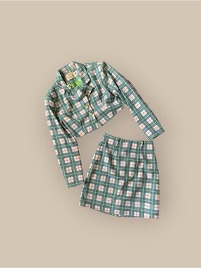 Fashion Brand Company Cropped Plaid Blazer and skirt set in Teal, White and Pink
